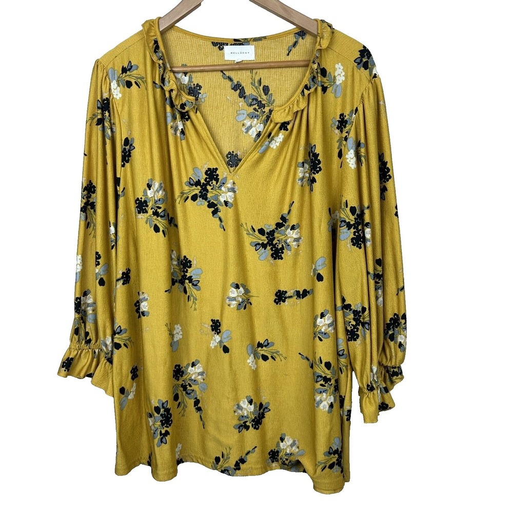 Melloday Dark Yellow Floral Blouse Stretch V-neck Flowy Cottagecore Romantic 3X‎
